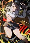  1girl black_coat black_gloves black_skirt breasts cain_lk coat coat_on_shoulders commentary_request cropped_shirt fingerless_gloves glasses gloves goddess_of_victory:_nikke green_eyes hat highres imminent_punch long_hair medium_breasts neon_(nikke) neon_(vision_eye)_(nikke) no_bra over-rim_eyewear peaked_cap pleated_skirt red-framed_eyewear semi-rimless_eyewear skirt solo thighs underboob white_hair 
