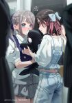  2girls 2others blue_camisole blue_eyes blue_pants blue_sweater_vest blush bow brown_hair camisole camisole_over_clothes chigusa_minori commentary_request denim grey_skirt hair_bow half_updo heart highres holding holding_stuffed_toy jeans lace_trim long_hair medium_hair multicolored_hair multiple_girls multiple_others pants pink_hair ponytail puffy_short_sleeves puffy_sleeves purple_eyes saotome_shino_(shino_to_ren) shino_to_ren shirayuki_ren shirt short_sleeves skirt spoken_heart stuffed_orca stuffed_toy sweater_vest two-tone_hair white_bow white_shirt yuri 