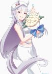  1girl absurdres animal_ears blunt_bangs bouquet breasts commentary ears_through_headwear finger_heart flower gold_ship_(umamusume) grey_hair grin hat heart highres holding holding_bouquet horse_ears horse_girl horse_tail large_breasts long_hair looking_at_viewer midriff open_mouth pants purple_eyes shirt sleeveless sleeveless_shirt smile solo tail teeth umamusume untranslatable_commentary white_pants white_shirt yarukinaine_vir 