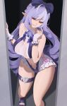  1girl ang_lazypaint animal_print bare_shoulders bow bowtie breasts butterfly_print clothing_cutout drill_hair frilled_one-piece_swimsuit frilled_wrist_cuffs frills hair_bow heart_cutout highres long_hair looking_at_viewer mole mole_under_eye multicolored_hair navel official_alternate_costume one-piece_swimsuit pointy_ears purple_bow purple_bowtie purple_hair purple_nails red_eyes smile solo standing stomach_cutout swimsuit thigh_strap two-tone_one-piece_swimsuit vivian_banshee vivian_banshee_(iris_of_the_shore) white_one-piece_swimsuit wrist_cuffs zenless_zone_zero 