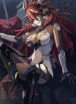  1girl absurdres amou_kanade arm_rest arm_support artist_request big_hair black_gloves black_thighhighs breasts bruise bruise_on_arm bruise_on_face clothing_cutout commentary debris double-parted_bangs embers floating_embers floating_hair gloves grey_panties hair_between_eyes headgear headphones highres huge_weapon injury lance large_breasts leotard long_hair long_sleeves looking_at_viewer midriff mystical_high_collar navel open_mouth panties planted planted_polearm polearm red_eyes red_hair scratches senki_zesshou_symphogear sitting skin_tight sleeved_leotard smile solo stomach_cutout symphogear_pendant thighhighs torn_clothes torn_leotard torn_thighhighs underwear untranslatable_commentary upper_body weapon 
