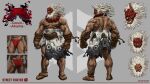  1boy absurdres akuma_(sf6_outfit_3)_(street_fighter) akuma_(street_fighter) ass beard broken_horn bulge character_name commentary_request copyright_name dark-skinned_male dark_skin facial_hair fangs frown full_body fundoshi grey_hair highres horned_mask horns japanese_clothes kimono kneepits male_focus mask midriff_sarashi multiple_views muscular muscular_male official_alternate_costume official_art oni_mask red_eyes red_fundoshi reference_sheet sandals sarashi standing street_fighter street_fighter_6 torn_clothes turnaround zouri 