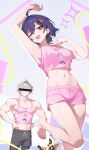  1boy 1girl absurdres ahoge angels_of_delusion_kfc_bag aria_(human)_(zenless_zone_zero) aria_(zenless_zone_zero) arm_up armpits bangboo_(zenless_zone_zero) belle_(zenless_zone_zero) brother_and_sister camisole censored censored_identity character_print chinese_commentary commentary_request crop_top dolphin_shorts earrings eous_(zenless_zone_zero) green_eyes grey_hair hair_ornament hairclip hands_on_own_hips highres jewelry md5_mismatch midriff muscular muscular_male nail_polish nangong_yu navel one_eye_closed pink_camisole pink_nails pink_shorts purple_hair shali short_hair shorts siblings signature sunna_(zenless_zone_zero) toenail_polish toenails v wise_(zenless_zone_zero) zenless_zone_zero 