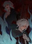  2girls 320tbsyc absurdres ascot bat_wings black_coat black_gloves blue_eyes blue_hair bow bowtie braid chinese_commentary coat collared_shirt commentary_request fangs gloves glowing glowing_eyes green_bow grey_hair hair_between_eyes hat high_collar highres holding holding_sword holding_weapon izayoi_sakuya knife long_sleeves maid maid_headdress mob_cap multiple_girls open_clothes open_coat open_mouth pointy_ears red_bow red_bowtie red_eyes remilia_scarlet shirt short_hair sword touhou trench_coat twin_braids weapon white_ascot white_gloves wings 