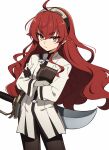  1girl :< ahoge black_hairband brown_gloves brown_pants child_(isoliya) closed_mouth commentary_request cowboy_shot crossed_arms eris_greyrat frown gloves hair_between_eyes hairband highres jacket long_hair long_sleeves looking_at_viewer mushoku_tensei pants red_eyes red_hair shirt sidelocks simple_background solo standing sword sword_on_back thick_eyebrows v-shaped_eyebrows very_long_hair wavy_hair weapon weapon_on_back white_background white_jacket 