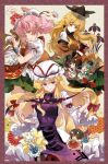  6+girls absurdres animal_ear_fluff animal_ear_piercing animal_ears animal_hat apron bamboo bandaged_arm bandages black_hat blonde_hair blue_tabard border bow bowtie brown_eyes brown_hair bun_cover cat_ears cat_tail chen chibi chibi_inset closed_mouth commentary_request constellation_print detached_sleeves double_bun dress drum earrings false_arm floral_background flower fox_tail gap_(touhou) green_dress green_eyes green_hair green_hat green_skirt hair_bow hair_bun hands_in_opposite_sleeves hat hat_ribbon highres holding holding_plant hoop_earrings ibaraki_kasen instrument jewelry kitsune long_hair long_sleeves looking_at_viewer matara_okina mob_cap multiple_girls multiple_tails myouga_(plant) nekomata nishida_satono open_mouth orange_eyes orange_sleeves orange_tabard pink_eyes pink_flower pink_hair pink_rose plant puffy_short_sleeves puffy_sleeves purple_eyes purple_tabard red_bow red_ribbon red_skirt red_tabard red_vest ribbon rose sages_of_gensokyo_(touhou) shirt short_hair_with_long_locks short_sleeves single_earring skirt smile suika_(pixiv_26385835) sun_print tabard tail tate_eboshi teireida_mai touhou tsuzumi two_tails very_long_hair vest waist_apron white_dress white_hat white_shirt wide_sleeves yakumo_ran yakumo_yukari yellow_bow yellow_bowtie yellow_eyes 