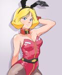  1girl absurdres animal_ears arm_behind_head bare_shoulders belt black_belt blonde_hair blue_eyes breasts bunny_day commentary_request dated detached_collar earth_federation gundam high_collar highres kobakin leotard mobile_suit_gundam pantyhose pink_leotard rabbit_ears sayla_mass short_hair smile solo upper_body wrist_cuffs 