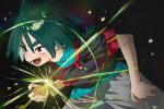  1boy absurdres aqua_shirt black_background black_jacket blush bracelet brown_eyes fang glowing green_hair grey_pants hair_between_eyes highres jacket jewelry long_hair male_focus open_mouth pants pokemon pokemon_(anime) pokemon_horizons pokesudal shirt short_sleeves solo teeth ult_(pokemon) 