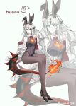  1girl absurdres alternate_costume animal_ears aqua_eyes arknights artist_name bare_shoulders black_horns black_leotard black_pantyhose black_shoes black_tail bow bowtie closed_mouth commentary dragon_girl dragon_horns dragon_tail expressionless fake_animal_ears fire flame-tipped_tail grey_hair hand_on_own_tail hand_up high_heels highres horns invisible_chair jacket joul_0704 leotard long_hair long_sleeves looking_at_viewer off_shoulder pantyhose playboy_bunny red_bow red_bowtie red_jacket reed_(arknights) shoes sitting solo tail traditional_bowtie twitter_username two-sided_fabric two-sided_jacket very_long_hair white_jacket zoom_layer 