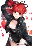  1girl black_choker black_jacket black_leotard black_ribbon blush breasts choker cleavage closed_mouth coattails collarbone commentary_request ell_0314 gloves hair_ribbon highres jacket leotard long_hair long_sleeves looking_at_viewer medium_breasts persona persona_5 persona_5_the_royal petals ponytail red_eyes red_gloves red_hair ribbon scabbard sheath smile solo tailcoat violet_(persona_5) yoshizawa_kasumi 