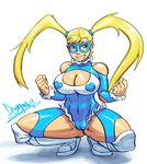  abs bare_shoulders blonde_hair blue_eyes blue_leotard boots breasts cleavage cleavage_cutout clenched_hands diepod grin highres huge_breasts knee_boots knee_pads leotard long_hair mask rainbow_mika scrunchie smile solo spread_legs squatting street_fighter street_fighter_zero_(series) twintails wrestling_outfit 