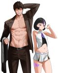  1boy 1girl absurdres arm_behind_head belt black_belt black_hair breasts brown_hair brown_jacket brown_pants commander_(nikke) commentary english_commentary goddess_of_victory:_nikke highres jacket leg_tattoo medium_hair military_uniform miniskirt mole mole_under_eye multicolored_hair muscular muscular_male navel ong_doi open_clothes open_jacket pants purple_eyes purple_streaks shirt short_hair skirt sleeveless sleeveless_shirt small_breasts streaked_hair sweat syuen_(nikke) tattoo white_shirt white_skirt 