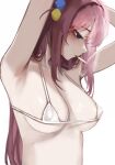  1girl absurdres arms_behind_head bikini blue_eyes bocchi_the_rock! bra breasts cigarette cube_hair_ornament depressed dotdrawdotd english_commentary eyebrows_hidden_by_hair gotoh_hitori hair_ornament highres large_breasts long_hair looking_down pink_hair side_ahoge simple_background smoke smoke_trail smoking solo swimsuit underwear white_background 