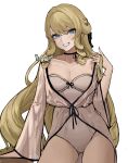  1girl blonde_hair blue_nails breasts bunnyoki choker collarbone commentary drill_hair earrings english_commentary genshin_impact grin highres jewelry long_hair looking_at_viewer navia_(genshin_impact) ribbon_choker signature simple_background smile solo stud_earrings white_background 