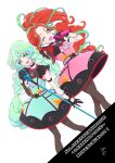  2girls :d ;d aikatsu!_(series) aikatsu_planet! black_choker black_gloves blue_dress blue_hair bracelet braid breasts brown_pantyhose choker commentary_request dress dutch_angle fingerless_gloves gloves green_eyes green_hair highres holding holding_microphone holding_microphone_stand jewelry kumahubuki long_hair looking_at_viewer microphone microphone_stand multicolored_eyes multicolored_gloves multicolored_hair multiple_girls necklace one_eye_closed open_mouth pantyhose pink_dress pointing pointing_at_viewer q-pit red_eyes red_gloves red_hair red_trim rose_(aikatsu_planet!) skull_necklace small_breasts smile spiked_choker spikes streaked_hair twin_braids two-tone_eyes two-tone_gloves two-tone_hair very_long_hair 
