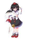  1girl black_skirt book commentary_request frilled_skirt frills full_body gohei hat high_heels highres holding holding_unworn_clothes holding_unworn_hat mini-hakkero mushroom open_mouth pom_pom_(clothes) puffy_short_sleeves puffy_sleeves red_eyes red_hat red_shoes shameimaru_aya shirt shoes short_hair short_sleeves simple_background skirt smile socks solo subhituzi495 tokin_hat touhou unworn_hat unworn_headwear white_background white_shirt white_socks witch_hat 