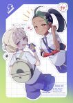  2girls absurdres alternate_costume backpack bag black_hair blonde_hair commentary_request cropped_legs dark-skinned_female dark_skin elbow_gloves fang fingerless_gloves from_behind gloves green_hair hand_on_own_elbow hand_up heart heart-shaped_pupils highres hololive hololive_dev_is long_hair looking_at_viewer looking_back multicolored_gloves multicolored_hair multiple_girls necktie nemona_(pokemon) notice_lines open_mouth orange_eyes partially_fingerless_gloves piita pokemon pokemon_scarlet_and_violet ponytail purple_eyes purple_gloves purple_hair purple_necktie purple_shorts school_uniform shirt short_hair shorts shoulder_bag single_elbow_glove skin_fang small_sweatdrop smile speech_bubble spoken_heart spoken_squiggle squiggle streaked_hair symbol-shaped_pupils todoroki_hajime two-tone_gloves two_side_up uva_academy_school_uniform virtual_youtuber watermark white_shirt yuri 