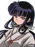  1girl black_hair brown_eyes closed_mouth expressionless eyelashes highres inuko_(nozomi1118) inuyasha japanese_clothes kikyou_(inuyasha) kimono long_hair looking_at_viewer ribbon solo upper_body white_background white_kimono white_ribbon 