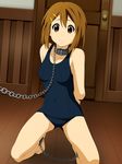  1girl arms_behind_back bare_shoulders barefoot bdsm bondage bound breasts brown_eyes brown_hair chains collar cuffs door feet hair_ornament hairclip highres hirasawa_yui k-on! kneeling legs looking_at_viewer minarui nervous school_swimsuit short_hair slave solo swimsuit thighs toes wooden_floor 