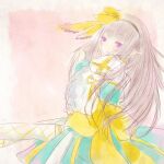  1girl arch_bishop_(ragnarok_online) back_bow black_hairband blush bow bow_hairband brown_hair closed_mouth commentary_request cowboy_shot dormir_(challco) hairband long_hair looking_at_viewer pink_background purple_eyes ragnarok_online smile solo yellow_bow 