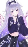  1girl :t absurdres atakisin_i belt_buckle black_skirt bow buckle center-flap_bangs colored_inner_hair commentary cropped_shirt face_jewel frilled_sleeves frills gem gradient_hair grey_hair hair_bow hand_jewel highres hololive hololive_english hololive_idol_uniform_(color_rise) jewel_under_eye koseki_bijou layered_skirt light_blush long_hair looking_at_viewer metal_wings midriff multicolored_hair navel official_alternate_costume pink_hair purple_eyes purple_gem purple_hair purple_nails shirt sidelocks simple_background skirt solo too_many_bows untranslatable_commentary upper_body v very_long_hair virtual_youtuber white_background 