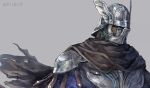  1boy armor black_cloak blue_shirt breastplate cloak elden_ring elden_ring_nightreign grey_background helm helmet knight male_focus pauldrons pii0iip shirt shoulder_armor simple_background solo twitter_username upper_body winged_helmet wylder_(elden_ring) 