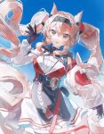  1girl :d absurdres angelina_(arknights) angelina_the_mellow_wish_(arknights) animal_ear_fluff animal_ears arknights black_collar black_gloves black_hairband blue_sky brown_hair chinese_commentary collar commentary_request cowboy_shot day detached_sleeves double-parted_bangs dress floating_hair fox_ears fox_girl gloves hair_between_eyes hairband hand_up highres infection_monitor_(arknights) long_hair long_sleeves looking_at_viewer multicolored_hairband open_mouth outdoors pleated_dress sky smile solo twintails two-tone_hairband very_long_hair waving white_dress xu_que_zhi_yue 
