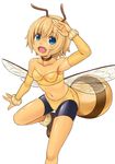  1girl antennae bare_shoulders bee_girl bike_shorts blonde_hair blue_eyes breasts cleavage detached_sleeves fang insect_girl insect_wings mo-fu monster_girl navel open_mouth original short_hair simple_background small_breasts smile solo standing stinger white_background wings wrist_cuffs yellow_skin 