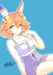  +_+ 1girl animal_ears blue_background breasts commentary_request ear_covers highres horse_ears horse_girl kasaneri matikanefukukitaru_(umamusume) orange_hair single_ear_cover solo umamusume yellow_eyes 