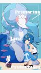  1girl absurdres afuron blue_hair blue_pants blue_sailor_collar closed_mouth commentary_request crossed_arms english_commentary highres lana_(pokemon) looking_at_viewer medium_hair mixed-language_commentary pants pokemon pokemon_(creature) pokemon_sun_and_moon primarina pyukumuku sailor_collar sandals shirt sitting sleeveless sleeveless_shirt smile white_shirt 