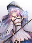  1girl bare_shoulders black_hood blue_eyes blue_flower blue_rose blush closed_mouth commentary_request cowboy_shot dress flat_chest flower granblue_fantasy hair_between_eyes highres lily_(granblue_fantasy) long_hair long_pointy_ears long_sleeves looking_at_viewer off-shoulder_dress off_shoulder pointy_ears purple_hair rose simple_background smile snowflakes solo split_mouth straight_hair two-tone_hood white_background white_dress white_hood wrightia 