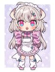  1girl :p ahoge apron blue_eyes blush border bow bow_legwear commentary_request curved_horns deformed flower frilled_apron frilled_skirt frills full_body grey_hair grey_horns hair_between_eyes hair_bow hanasaki_ayame hanasaki_ayame_(artist) hands_up highres horns hydrangea indie_virtual_youtuber jacket jersey_maid leaf leaf_background long_hair long_sleeves looking_at_viewer loose_socks maid maid_apron name_tag pink_shoes pink_skirt pink_track_suit purple_background purple_eyes rounded_corners self-portrait shoes skirt sleeves_past_fingers sleeves_past_wrists socks solo tongue tongue_out track_jacket track_suit turtleneck turtleneck_jacket unconventional_maid virtual_youtuber white_apron white_border white_socks zipper zipper_pull_tab 