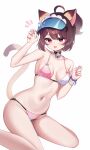  1girl :3 absurdres animal_ears bell bikini blue_visor_cap breasts brown_hair cat_ears cat_girl cat_tail commentary demcheg highres ichihime jingle_bell mahjong_soul medium_breasts multicolored_bikini neck_bell paw_pose pink_bikini ponytail red_eyes short_hair simple_background smile solo swimsuit tail two-tone_bikini visor_cap white_background 