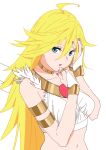  1girl :o absurdres ahoge angel_wings armlet blonde_hair blue_eyes blue_eyeshadow bracelet breasts bridal_gauntlets commentary crop_top eyeshadow feather_trim feathered_wings finger_to_own_chin gold_armlet gold_bracelet gold_ring hair_between_eyes hand_on_own_head hands_up highres jewelry lipstick long_hair looking_at_viewer makeup medium_breasts midriff navel open_mouth panty_&amp;_stocking_with_garterbelt panty_(psg) pink_nails simple_background solo spiked_hair upper_body very_long_hair white_background white_bridal_gauntlets white_wings wings xian_(wtwn4224) 