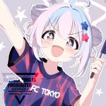  +_+ 1girl :d ahoge blue_archive blue_hair blush commentary_request double_bun fc_tokyo flag furisuku_(gerbera) gradient_halo grey_background hair_bun hair_ornament hairclip halo hands_up highres holding holding_flag j._league looking_at_viewer multicolored_hair multicolored_halo official_alternate_costume official_alternate_hairstyle open_mouth outline outstretched_hand pink_hair purple_eyes purple_halo purple_shirt reisa_(blue_archive) reisa_(j_league)_(blue_archive) shirt short_hair short_sleeves smile soccer soccer_uniform solo sparkle sportswear star_(symbol) star_hair_ornament star_halo t-shirt two-tone_hair upper_body v-shaped_eyebrows watermark white_outline 
