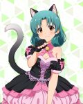  1girl :3 animal_ears bell black_dress black_gloves bow bowtie breasts card_commentary cat_ears cat_tail closed_mouth commentary_request cowboy_shot curly_hair detached_sleeves dress fake_animal_ears fake_tail fingerless_gloves game_asset gloves green_hair hand_up idolmaster idolmaster_million_live! idolmaster_million_live!_theater_days looking_at_viewer medium_breasts medium_hair neck_bell nyannyan_cat's_eye_(idolmaster) official_alternate_costume official_art orange_eyes paw_pose pink_bow pink_bowtie pink_dress puffy_detached_sleeves puffy_sleeves solo tail third-party_source tokugawa_matsuri two-tone_dress 