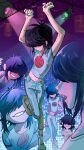  1girl 26duuuu arm_behind_back arms_up basketball_print black_hair blue_trim blush closed_mouth commentary crop_top cropped_shirt curled_fingers dancing denim english_commentary from_side full_body gorillaz grid_teeth grin hair_over_eyes hand_on_own_hip head_tilt highres jeans loafers lowleg lowleg_pants midriff multiple_views navel noodle_(gorillaz) open_mouth pants print_shirt purple_hair scene_reference shirt shoes short_hair short_sleeves sidelocks singing smile solo stage_lights steel_beam t-shirt teeth upper_teeth_only white_pants white_shirt white_shoes 