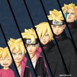  age_progression aged_down artbyolvr black_cloak black_headband black_jacket blonde_hair blood blood_on_face blue_eyes boruto:_naruto_next_generations boruto:_two_blue_vortex boruto_(series) child cloak collared_cloak commentary english_commentary facial_mark forehead_protector frown headband highres jacket jewelry karma_(naruto) konohagakure_symbol naruto_(series) necklace one_eye_closed pink_shirt revision scar scar_across_eye scar_on_face shirt smile twitter_username two-sided_fabric uzumaki_boruto whisker_markings white_shirt 