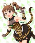  1girl :d ahoge animal_ears animal_print arm_strap boots breasts brown_boots brown_hair card_commentary commentary_request dress fake_animal_ears fake_tail fingerless_gloves frilled_dress frills fur_collar game_asset gaogao_leopard_(idolmaster) gloves hand_up high_heel_boots high_heels idolmaster idolmaster_million_live! idolmaster_million_live!_theater_days leg_up leopard_ears leopard_print leopard_tail looking_at_viewer medium_breasts o-ring o-ring_arm_strap official_alternate_costume official_art open_mouth print_dress print_gloves purple_eyes short_dress side_ponytail sleeveless sleeveless_dress smile solo standing standing_on_one_leg tail third-party_source yokoyama_nao 