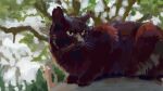  animal animal_focus black_cat cat commentary highres looking_to_the_side lying no_humans on_stomach original outdoors rock sideways_glance tamagoillust tree yellow_eyes 