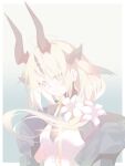  1girl absurdres ahoge arknights blonde_hair blue_eyes bodystocking border breasts commentary_request dragon_girl dragon_horns dress flower gradient_background green_background hair_flower hair_ornament highres horns jacket kujou_koto long_hair looking_at_viewer off_shoulder official_alternate_costume open_clothes open_jacket outside_border reed_(arknights) reed_the_flame_shadow_(arknights) simple_background small_breasts solo upper_body very_long_hair white_border white_dress white_flower 