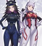  2girls animal_ears artist_collaboration black_bodysuit black_hair blunt_bangs bodysuit breasts closed_mouth ears_through_headwear evangelion_(mecha) fenomeno_(umamusume) flipped_hair frown gloves gold_ship_(umamusume) grey_hair hat highres horse_ears horse_girl horse_tail impossible_bodysuit impossible_clothes loberbutcher long_hair looking_at_viewer medium_breasts multicolored_hair multiple_girls naoyuki_arts neon_genesis_evangelion open_mouth peaked_cap pointing pointing_at_self purple_eyes purple_hair red_bodysuit skin_tight smile tail umamusume white_bodysuit 