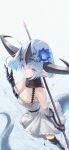  1girl armor bare_shoulders black_horns blue_flower blue_hair blush breasts cleavage closed_mouth commentary_request dress filene_(shadowverse) flower from_above gauntlets hair_between_eyes hair_flower hair_ornament hand_up highres holding holding_polearm holding_weapon horns large_breasts looking_at_viewer negidesu1105 polearm purple_eyes shadowverse shadowverse:_worlds_beyond short_hair sleeveless sleeveless_dress solo tail weapon white_dress 