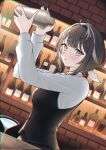  1girl :o alternate_costume arknights bartender black_hair black_vest blurry blurry_background bottle buttons chromatic_aberration collared_shirt commentary corrupted_twitter_file cup drinking_glass glass_bottle grey_eyes hair_ornament hairclip highres holding indoors la_pluma_(arknights) light_blush long_sleeves looking_at_viewer owl_zuku3329 parted_lips shirt short_hair solo vest waistcoat white_shirt 
