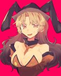  1girl absurdres animal_ears bare_shoulders between_breasts black_hat black_trim blonde_hair breasts bunny_day clothes_between_breasts commentary_request constellation constellation_print cropped_torso detached_collar detached_sleeves fake_animal_ears hat highres large_breasts leotard long_hair looking_at_viewer matara_okina necktie necktie_between_breasts nontraditional_playboy_bunny orange_leotard orange_necktie orange_sleeves playboy_bunny rabbit_ears red_background renkonn_umum simple_background smile solo sun_print sun_symbol touhou yellow_eyes 