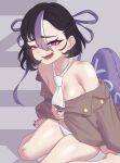  1girl absurdres black_hair breasts brown_coat cchiii coat goddess_of_victory:_nikke hair_between_eyes hair_ribbon highres looking_at_viewer medium_hair mole mole_under_eye multicolored_hair nail_polish necktie open_mouth panties purple_eyes purple_nails purple_ribbon purple_streaks ribbon small_breasts solo streaked_hair syuen_(nikke) teeth toenail_polish toenails underwear upper_teeth_only white_necktie white_panties white_streaks 