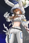  1girl absurdres amiya_(arknights) amiya_(guard)_(arknights) amiya_(guard)_(touch_the_stars)_(arknights) animal_ears animal_hood arknights blue_eyes breasts brown_hair cropped_shirt earth_(planet) gloves highres hirachill16 hood hood_up hooded_jacket id_card jacket looking_at_viewer medium_breasts official_alternate_costume open_clothes open_jacket pants planet rabbit_ears rabbit_girl rabbit_hood scabbard sheath shirt sidelocks smile solo space stomach white_gloves white_jacket white_pants white_shirt 