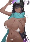  1girl absurdres alternate_costume beret bikini black_hair black_hat blue_archive blue_nails blue_scarf breasts cleavage commentary_request dark-skinned_female dark_skin goggles goggles_on_head gradient_hair hair_between_eyes halo hat highres huge_breasts karin_(blue_archive) korean_commentary long_hair multicolored_hair purple_hair purple_halo scarf solo swimsuit very_long_hair weiiew white_bikini yellow_eyes 
