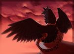  beak bird border cliff corvid crow emkhe faunoiphilia feline feral grave_gryphon gryphon male mammal raven red_sky simple_background sitting spotted spread_wings white_jaguar wings 
