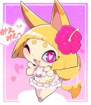  1girl animal_ears blonde_hair blunt_bangs blush bob_cut commentary_request fang flower fox_ears fox_girl fox_tail hair_flower hair_ornament heart heart-shaped_pupils kon-tan looking_at_viewer navel nollety one_eye_closed open_mouth pink_background pink_eyes short_eyebrows short_hair solo speech_bubble symbol-shaped_pupils tail tail_wagging thick_eyebrows translation_request youkai_(youkai_watch) youkai_watch 